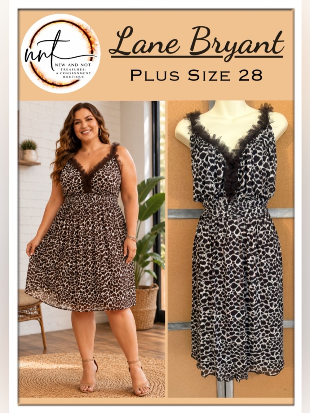Lane Bryant Size 28 Brown White Animal Print Mesh Dress NWOT Stretch Sleeveless